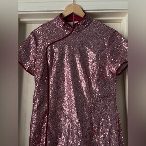 Glamorous Pink Sequin Mandarin Collar Mini Dress